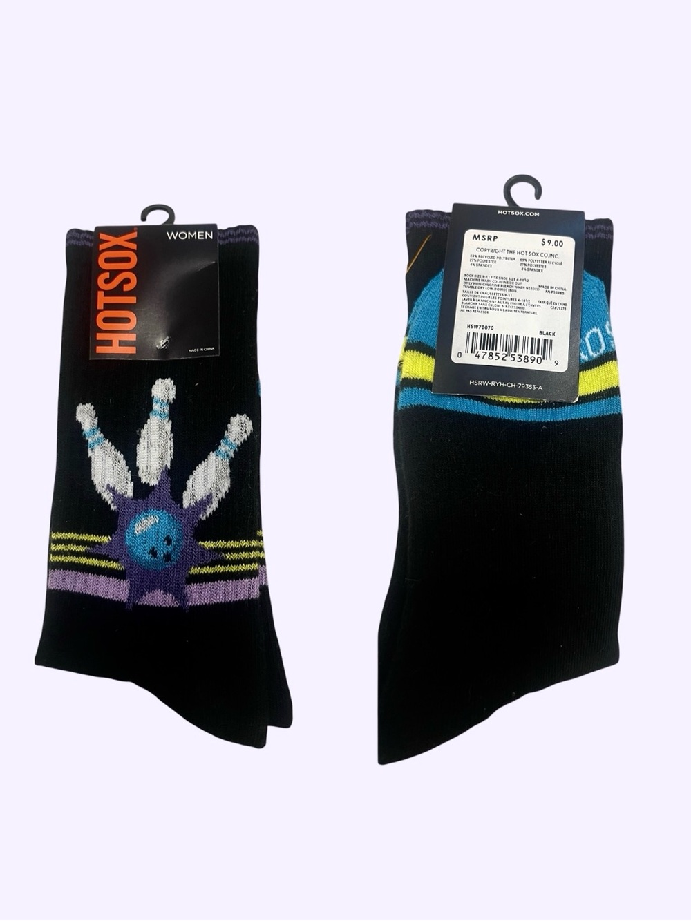 Hot Sox Women's Black Crew Socks with Blue, Purple & Yellow Bowling Design